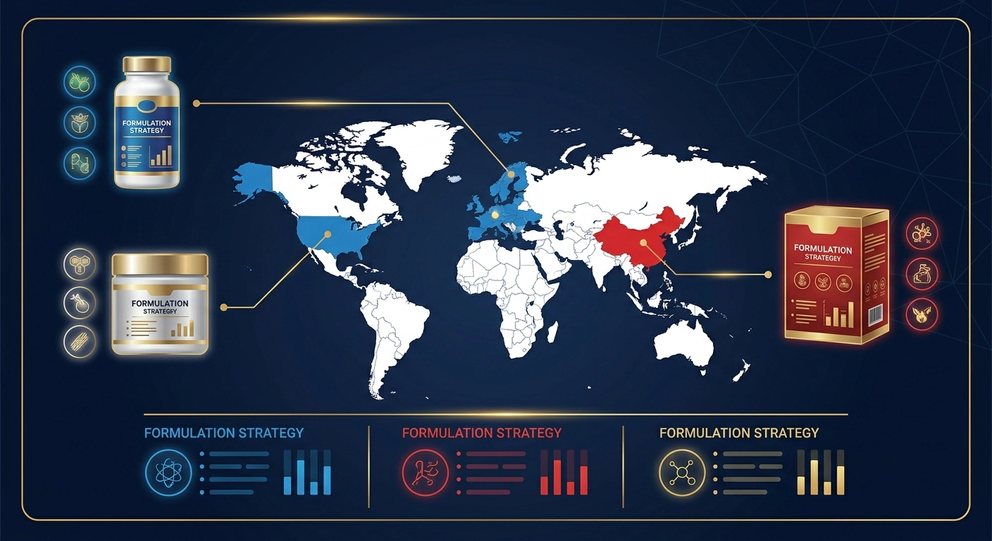 Three LDL supplement formulation strategies: global tri-market compliant, China-first Blue Hat registration, and EU-priority zero red yeast rice