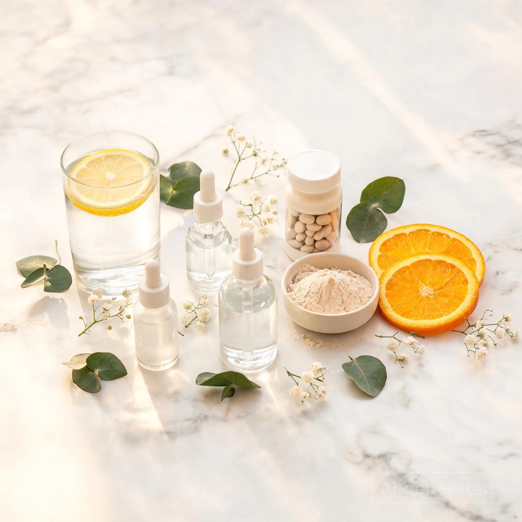 Key collagen co-ingredients — Vitamin C, Hyaluronic Acid, Biotin, and more — displayed as a premium wellness pairing guide.