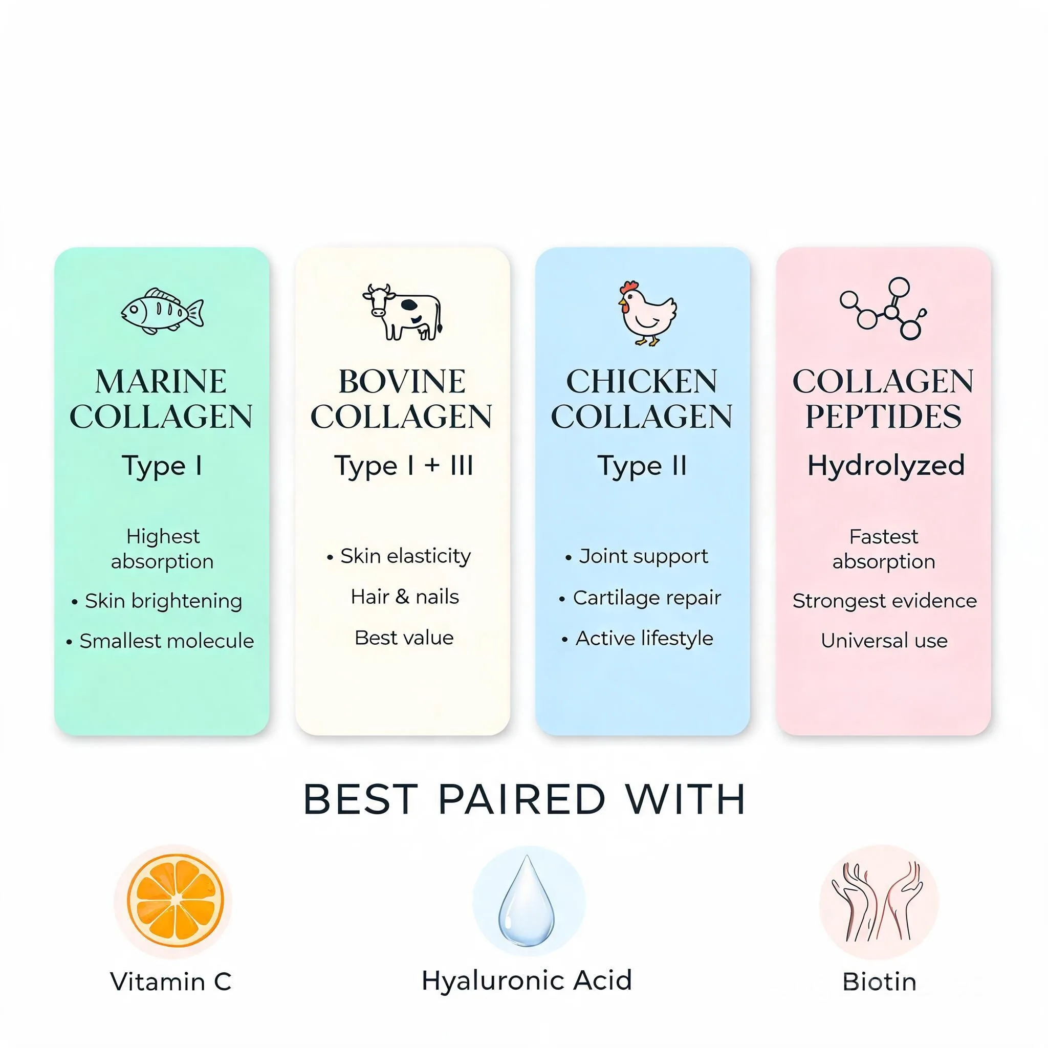 Side-by-side comparison of Marine, Bovine, Chicken, and Collagen Peptides — key types, benefits, and best-paired ingredients at a glance.
