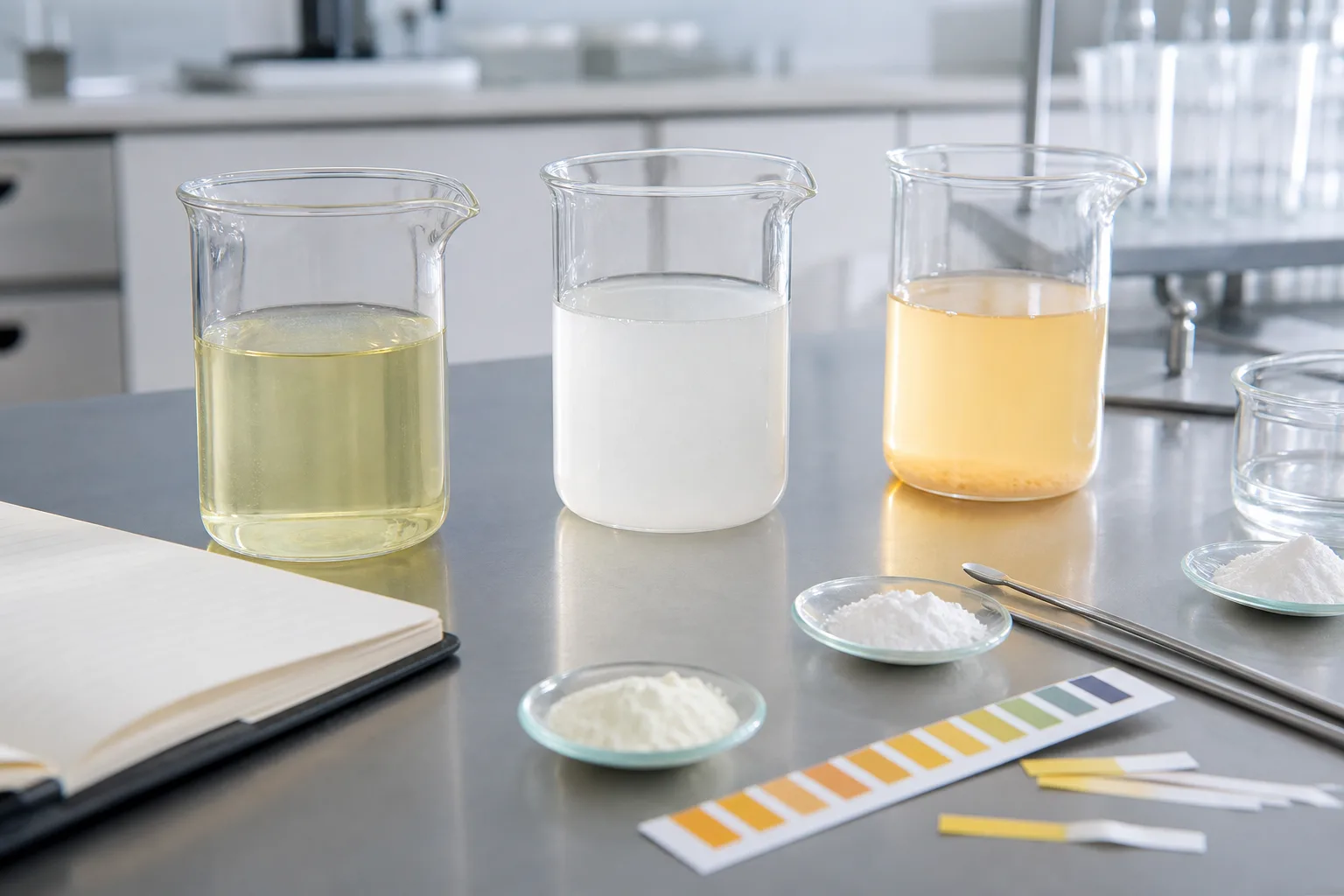 Electrolyte powder dissolution testing with clear, cloudy, and sedimented hydration drink samples