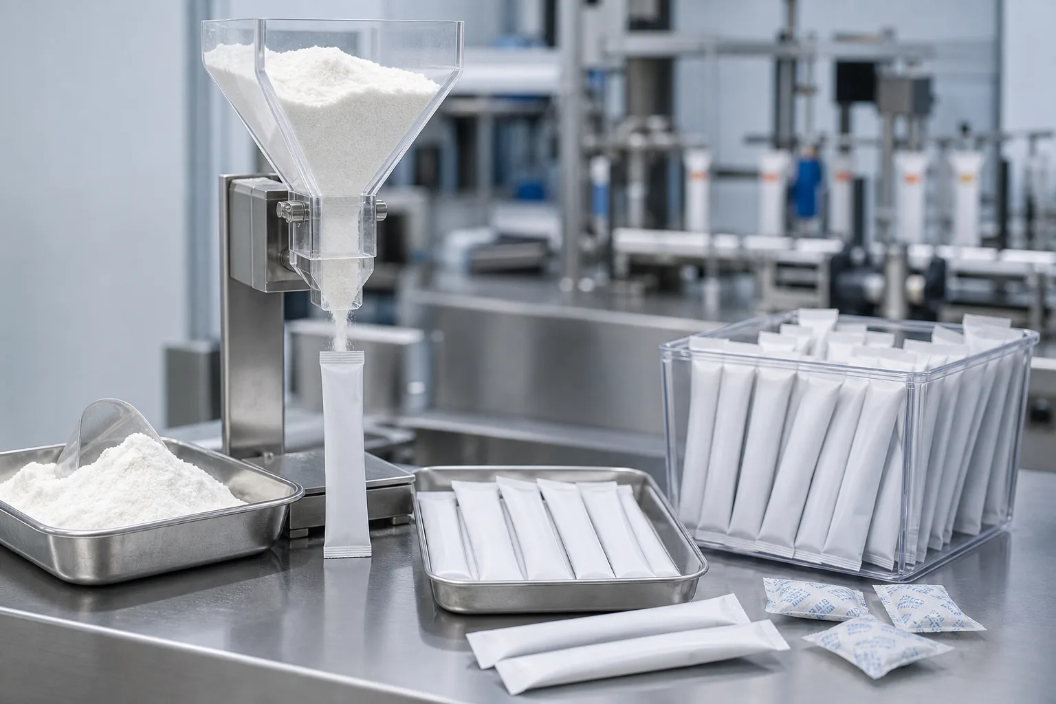 Electrolyte powder stick-pack filling trial with unbranded packets and powder flow equipment