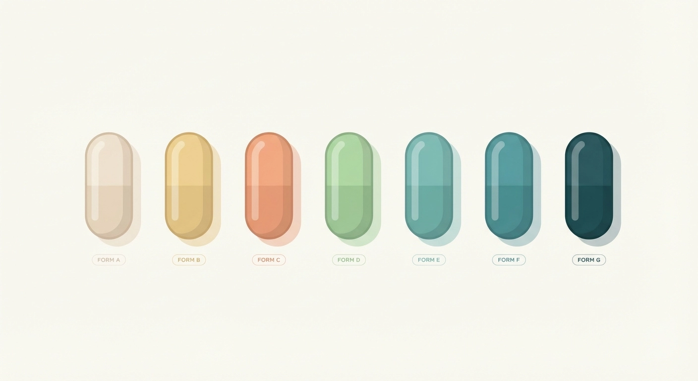 Seven magnesium supplement capsules representing different compound forms
