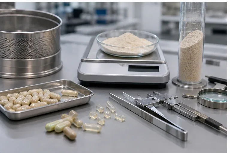 Capsules, powder sample, sieve, scale, graduated cylinder, calipers, and QA tools for fill-weight and density checks