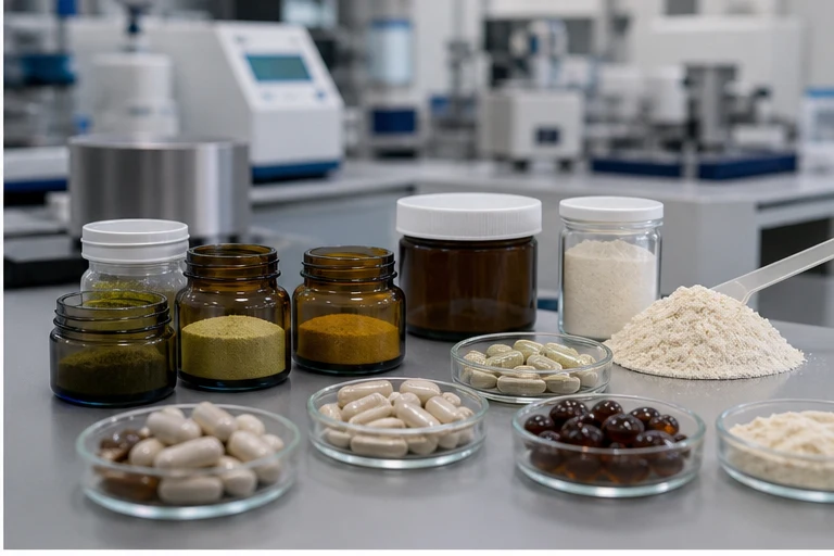 Supplement powders, capsule samples, and ingredient jars arranged on a laboratory bench for formula feasibility review