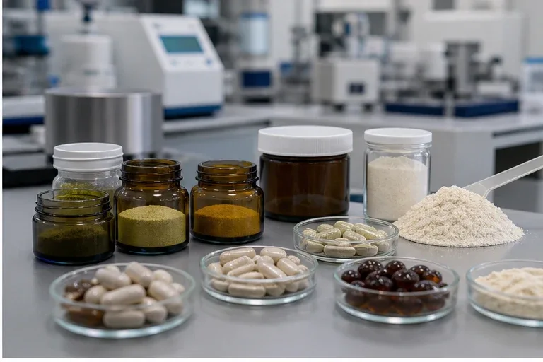 Supplement powders, capsule samples, and ingredient jars arranged on a laboratory bench for formula feasibility review