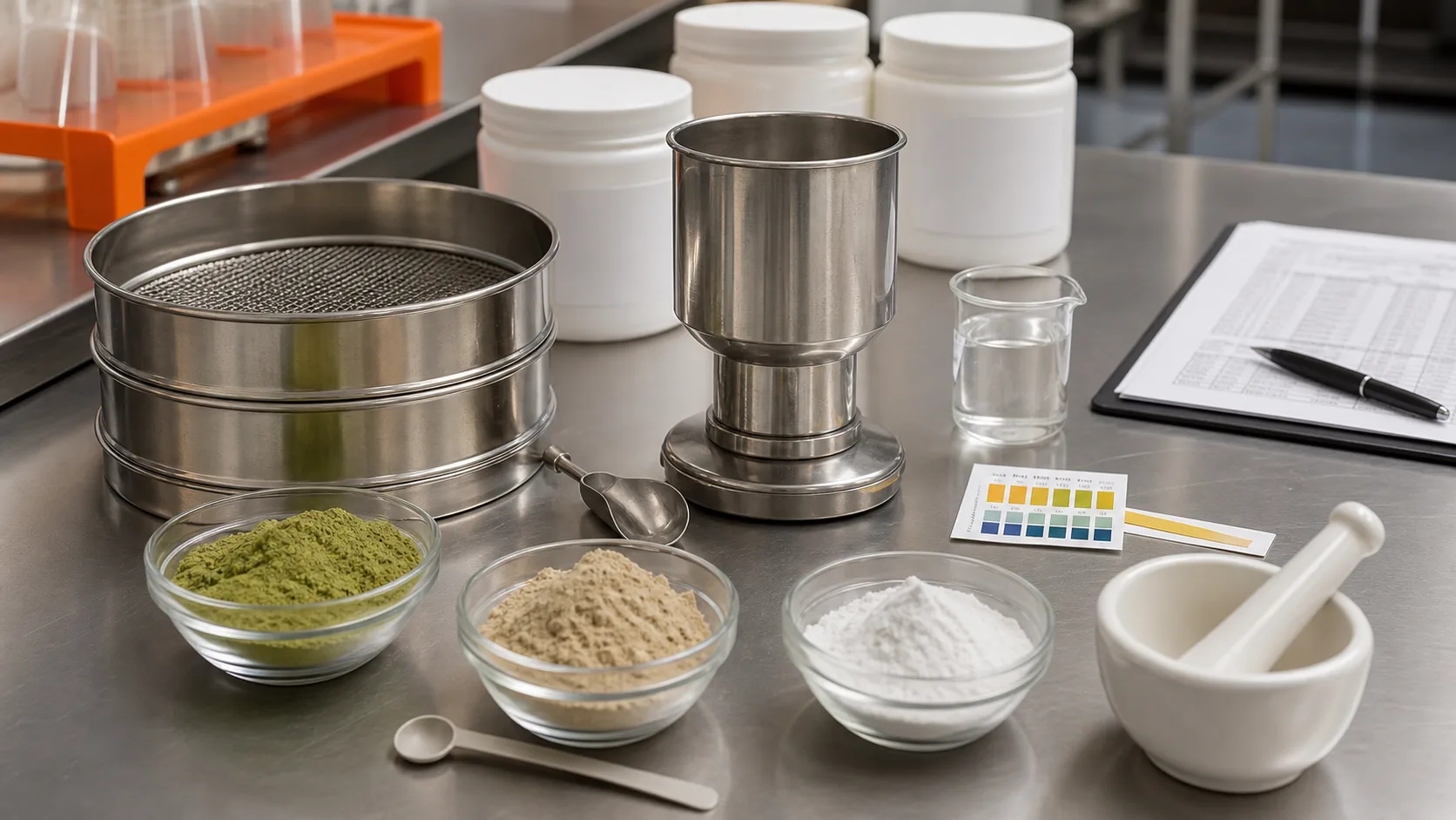 Supplement powder behavior and flavor masking quality checks with density cup, sieve, and powders