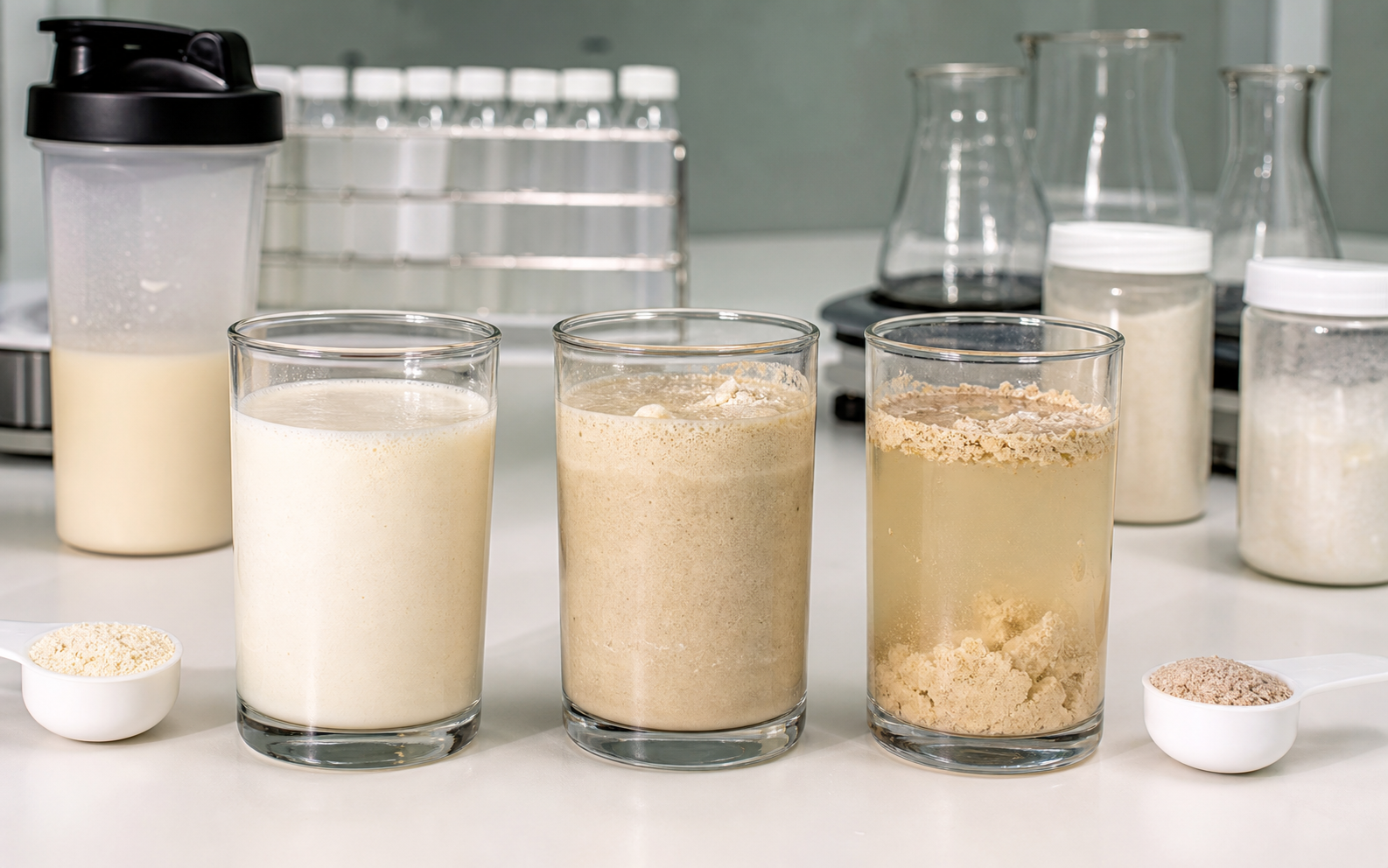 Three protein and fiber powder dispersion tests showing smooth, thick, and clumped mixes