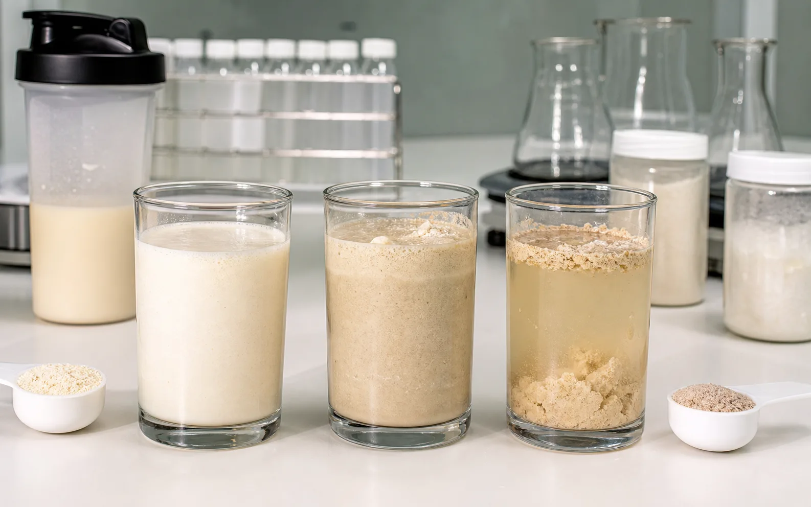 Three protein and fiber powder dispersion tests showing smooth, thick, and clumped mixes