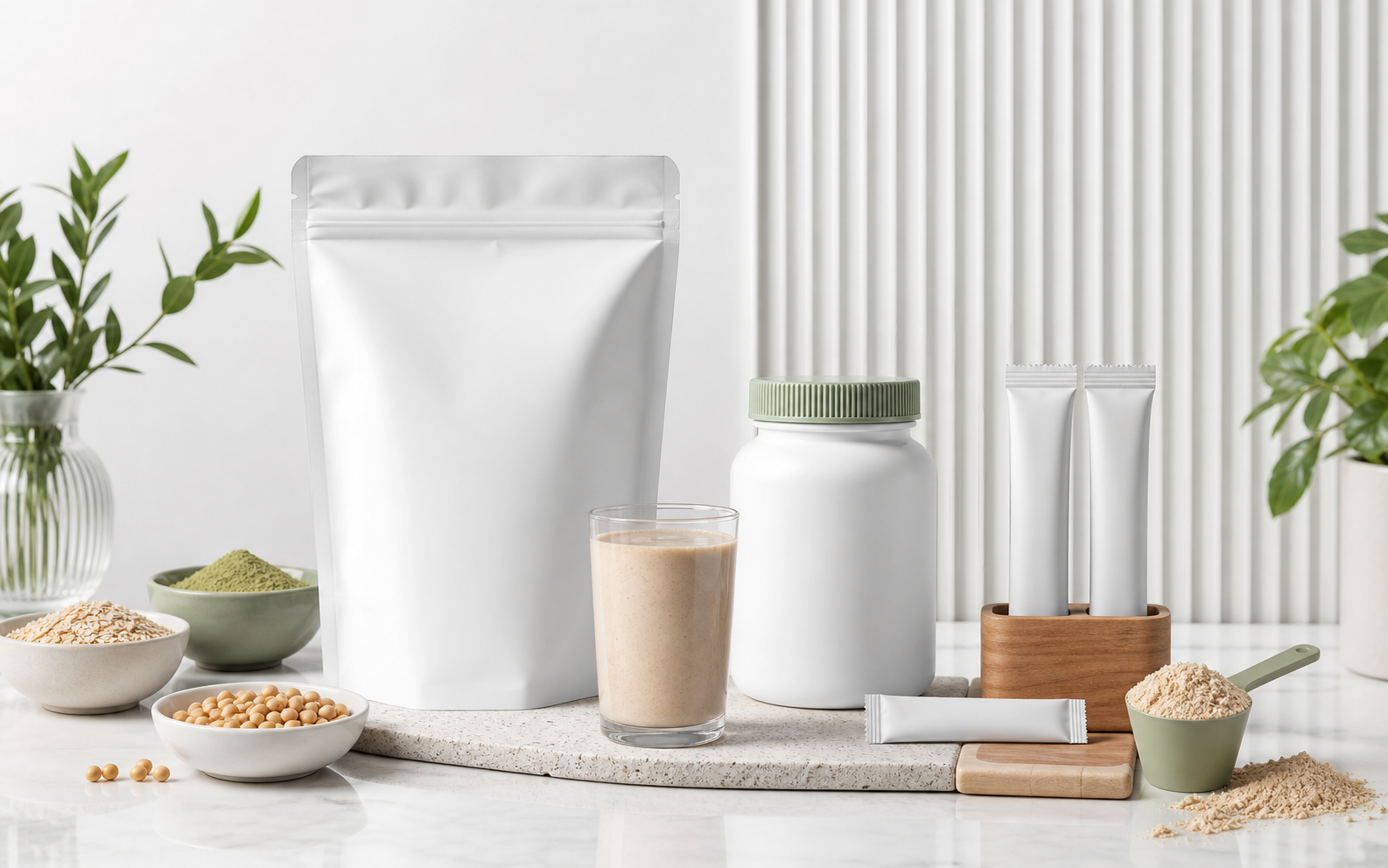Unbranded pouch, stick packs, capsule bottle, powder scoop, and ready-to-mix drink format lineup