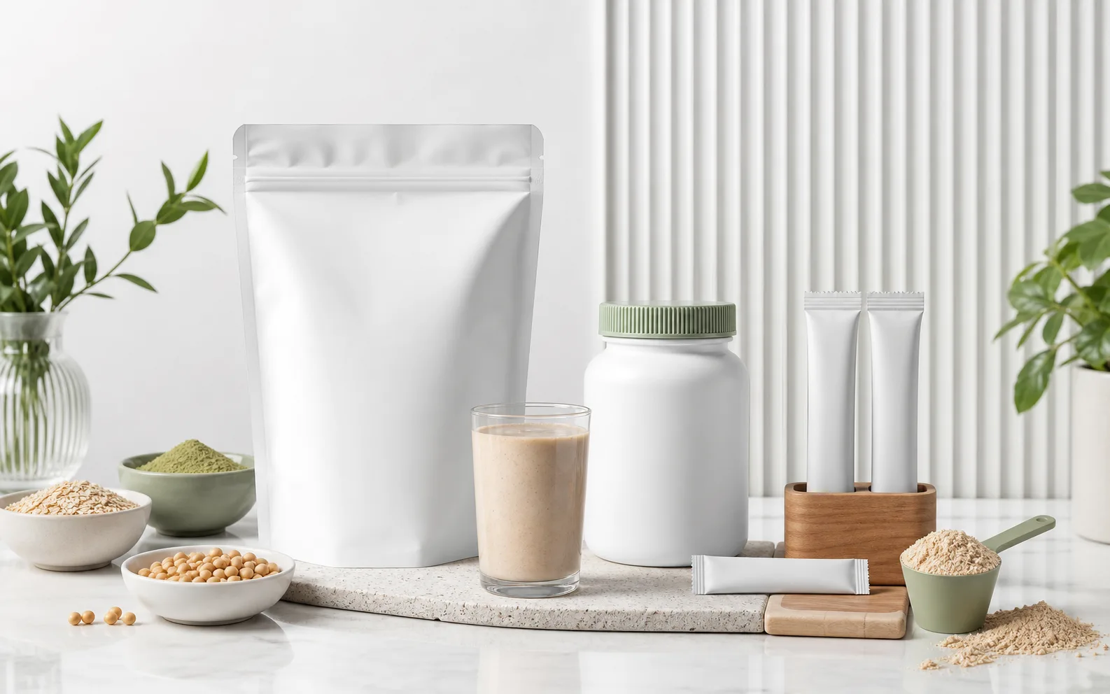 Unbranded pouch, stick packs, capsule bottle, powder scoop, and ready-to-mix drink format lineup