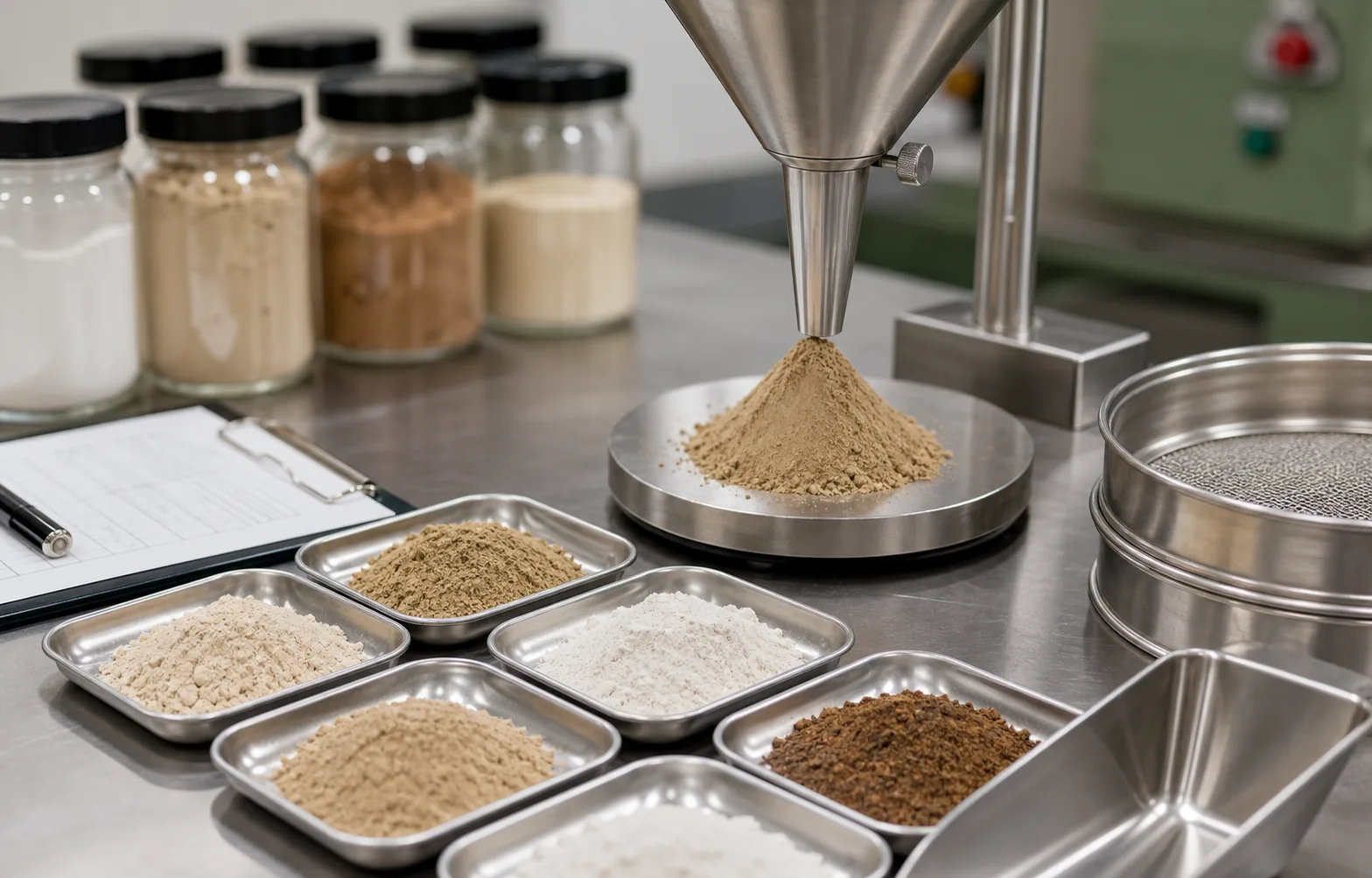 Powder flow and bulk density testing setup with supplement powder samples on a QA bench
