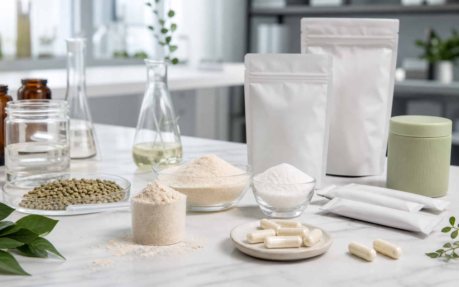 Protein powder, fiber ingredients, stick packs, and supplement formats on an R&D table