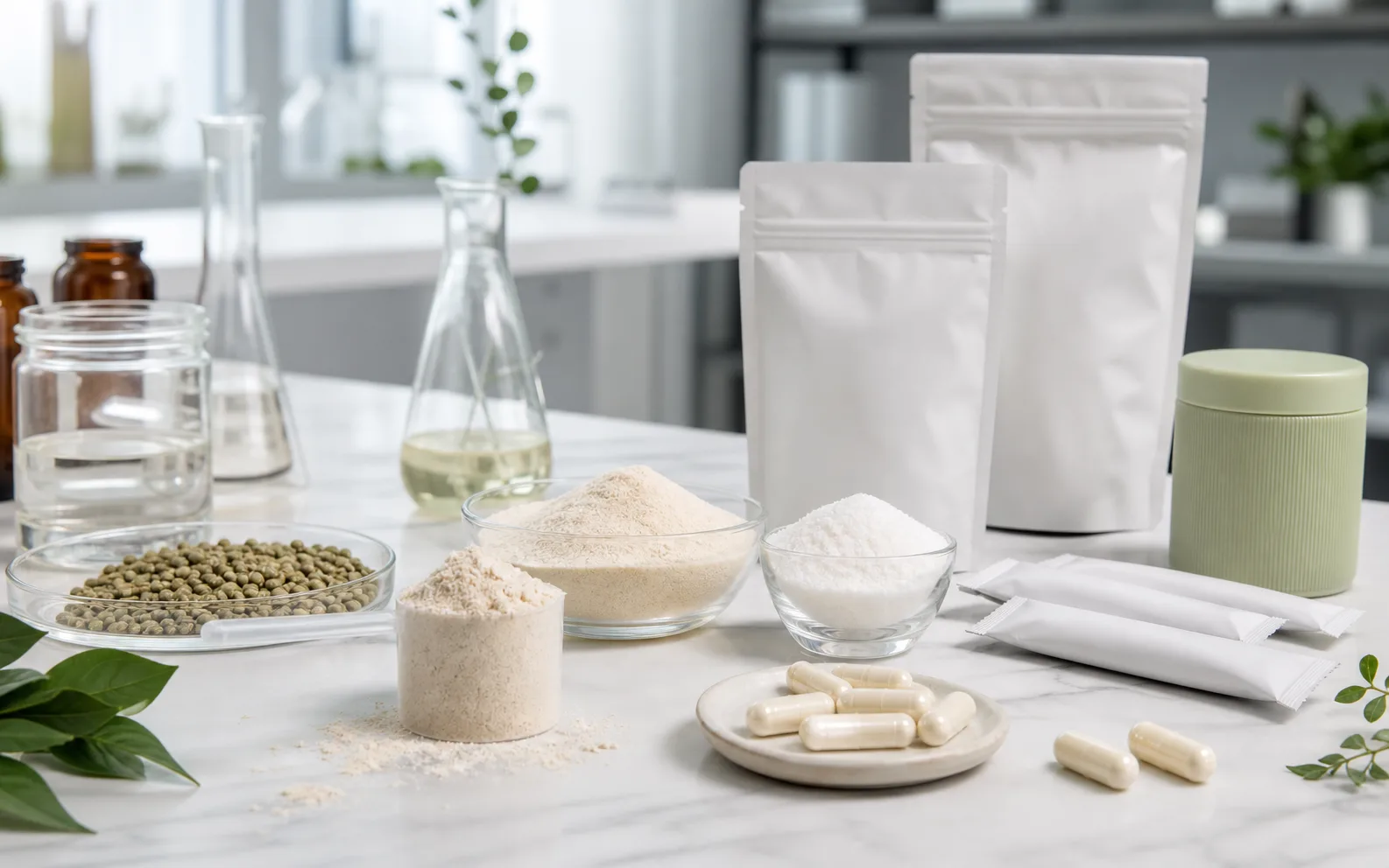 Protein powder, fiber ingredients, stick packs, and supplement formats on an R&D table